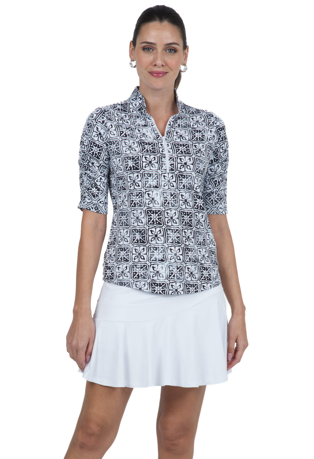 Kathy Print Ruched Elbow Length Sleeve Top – 41871