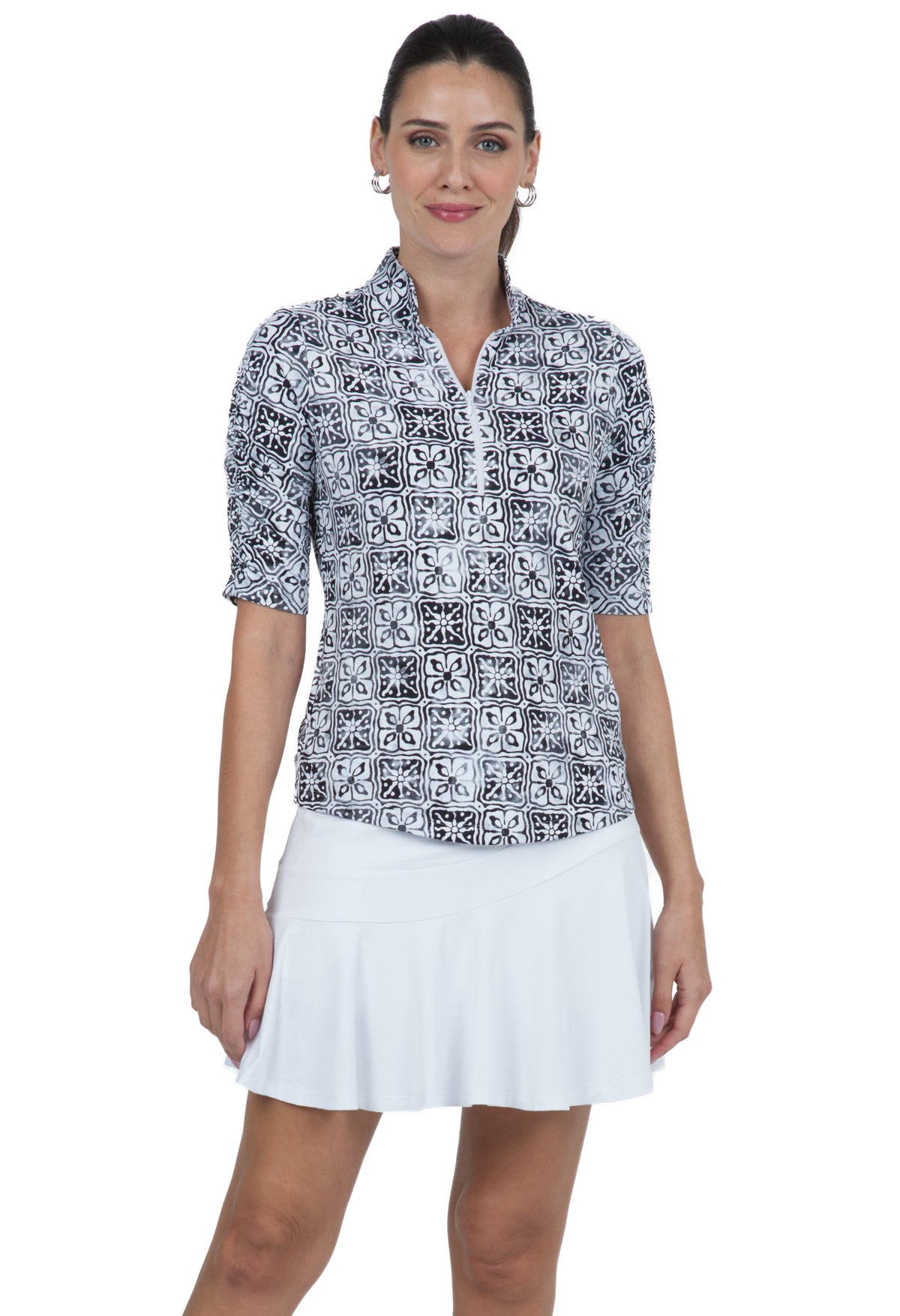 Kathy Print Ruched Elbow Length Sleeve Top – 41871